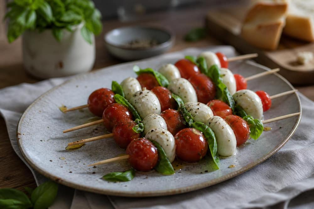 Caprese-spiesjes met mozzarella en tomaat