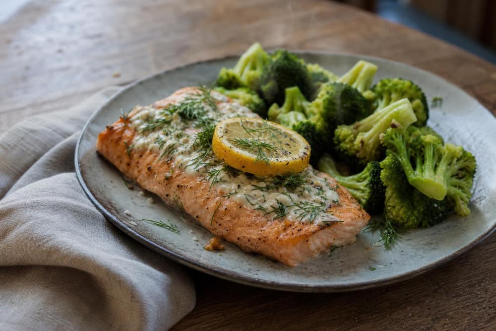 Gegrilde zalm met citroen-dille en broccoli