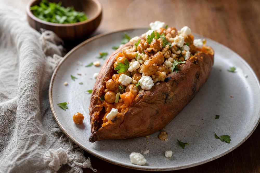 Gevulde zoete aardappel met kikkererwten en feta