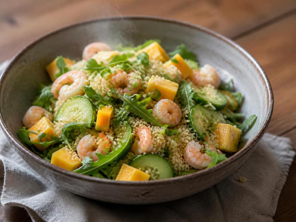 Quinoasalade met garnaal, mango en limoen