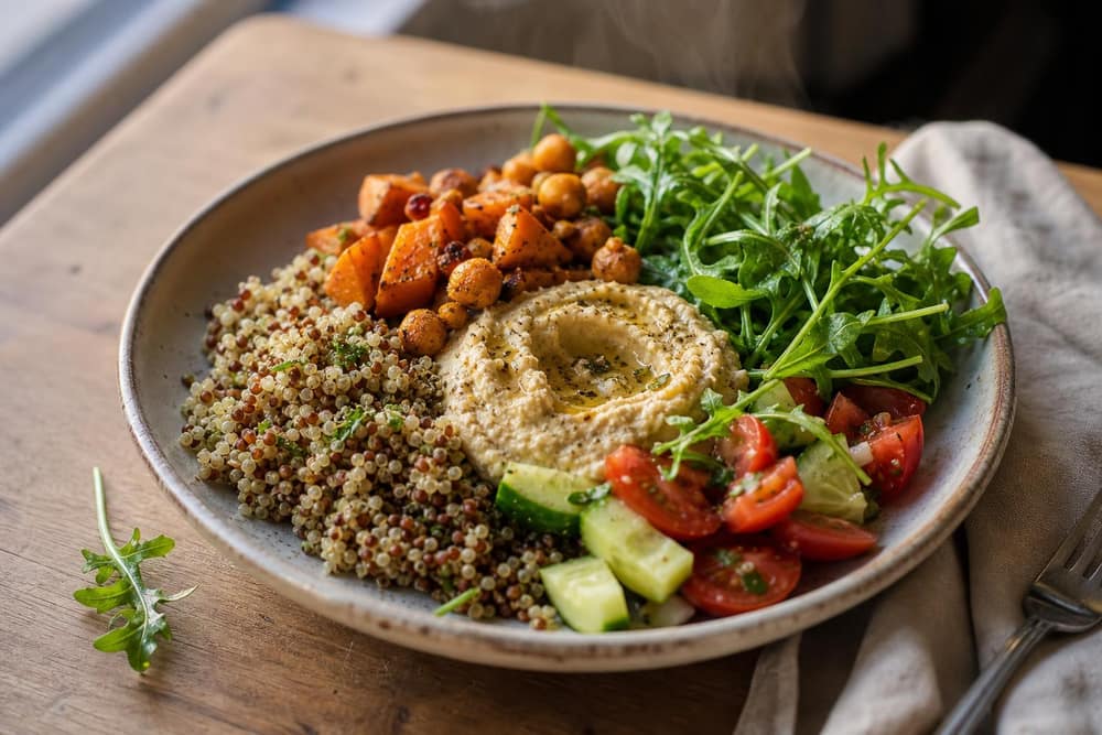 Vegan buddha bowl met quinoa en hummus