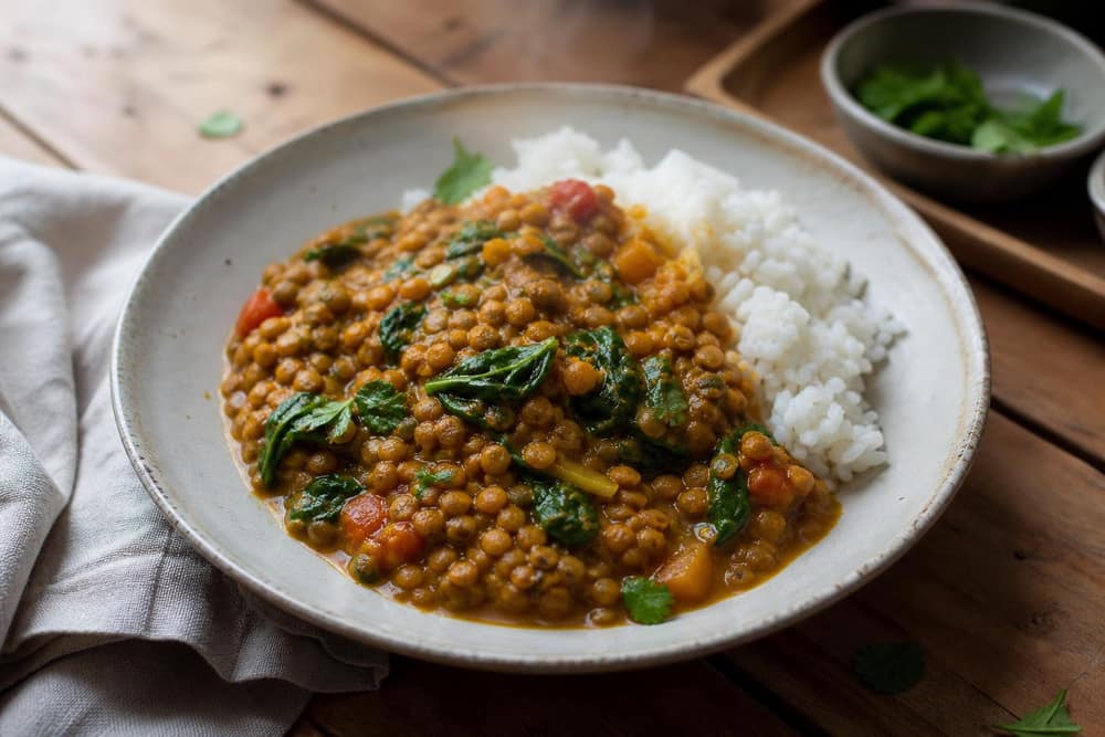 Vegan linzencurry met spinazie
