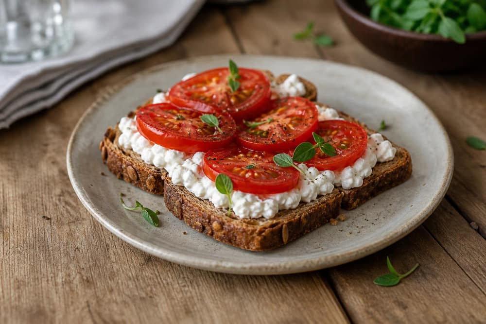 Volkoren toast met cottage cheese en tomaat
